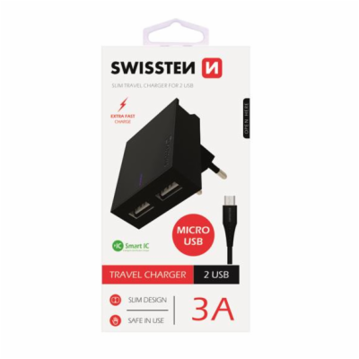 Nabíječka cestovní SWISSTEN 2x USB, IC, 3A, + microUSB ka...