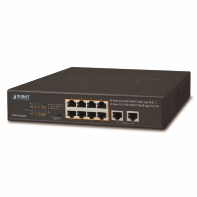 Planet GSD-1008HP, PoE switch 8x PoE 802.3at 120W+ 2x 100...