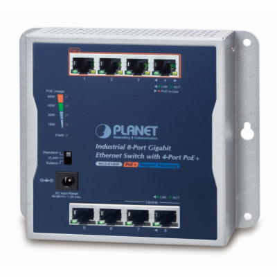 Planet průmyslový plochý switch 8x 1Gb, 4x PoE 30/60W, 48...