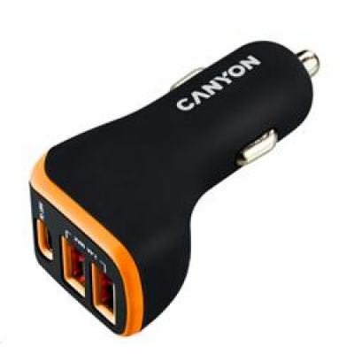 CANYON auto nabíječka C-08, 1xUSB-C (PD 18W) + 2xUSB-A, v...