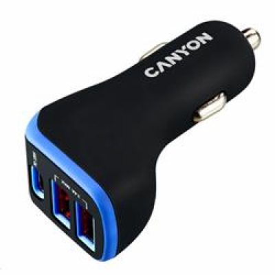 CANYON auto nabíječka C-08, 1xUSB-C (PD 18W) + 2xUSB-A, v...