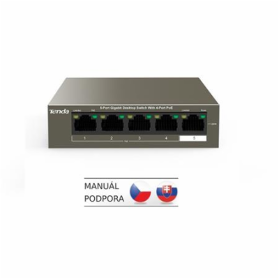 Tenda TEG1105P-4-63W - PoE AT Switch 63Watt, 5xRJ45 GLAN,...