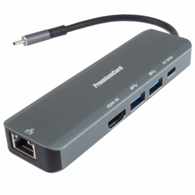 PremiumCord USB-C na HDMI, 2x USB3.2, PD 100W,RJ45