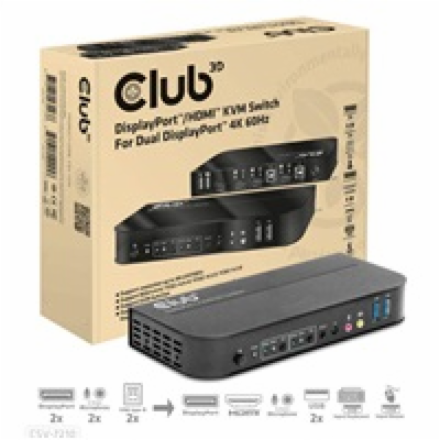 Club3D síťový přepínač - Switch, DP/HDMI KVM Switch - Dua...