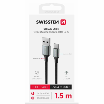 SWISSTEN DATOVÝ KABEL TEXTILE II USB / USB-C 1,5 M ČERNÝ