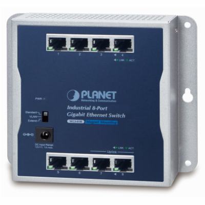 Planet průmyslový plochý switch 8x 1Gb, 12VDC, IP30, -20/...