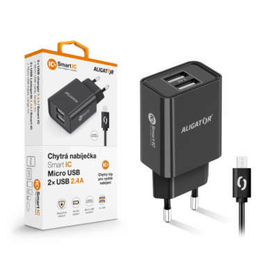 Chytrá síťová nabíječka ALIGATOR 2,4A, 2xUSB, smart IC, č...