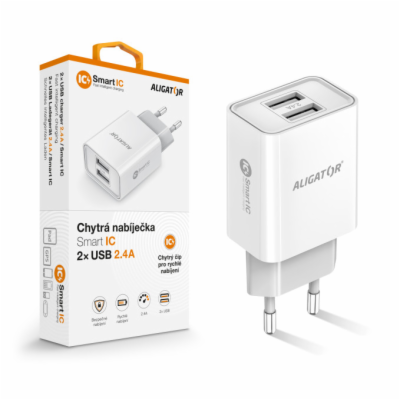 Chytrá síťová nabíječka ALIGATOR 2,4A, 2xUSB, smart IC, bílá