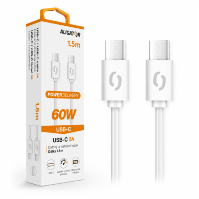 Datový kabel ALIGATOR POWER 65W, USB-C/USB-C 3A 1,5m, bílý