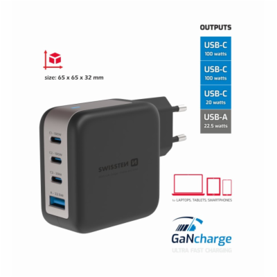 SWISSTEN SÍŤOVÝ ADAPTÉR GaN 3x USB-C 100W PD + 1x USB-A 1...