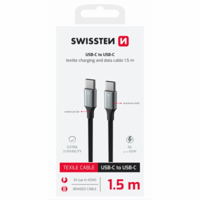 SWISSTEN DATOVÝ KABEL TEXTILE II USB-C / USB-C 1,5 M ČERNÝ