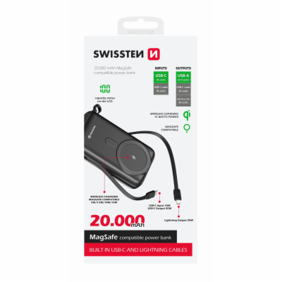 Swissten power bank 20000 mah pd 20w s integrovanými kabe...