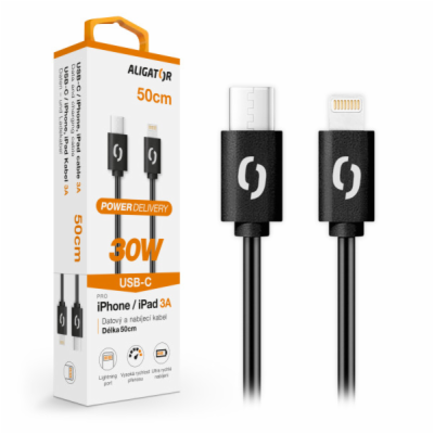 Datový kabel ALIGATOR POWER 30W, USB-C/Lightning 3A 0,5m,...