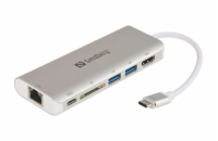 Sandberg USB-C dokovací stanice, HDMI+SD+USB+RJ45+USB-C(100W), stříbrný