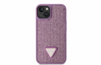 Guess Rhinestones Triangle Metal Logo Kryt pro iPhone 14 fialový Guess Rhinestones Triangle Metal Logo ochranný kryt telefonu v kombinaci zadní strany pokryté drobnými kamínky a pružnými PU boky.