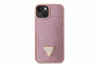 Guess Rhinestones Triangle Metal Logo Kryt pro iPhone 14 růžový Guess Rhinestones Triangle Metal Logo ochranný kryt telefonu v kombinaci zadní strany pokryté drobnými kamínky a pružnými PU boky.