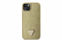 Guess Rhinestones Triangle Metal Logo Kryt pro iPhone 14 zlatý Guess Rhinestones Triangle Metal Logo ochranný kryt telefonu v kombinaci zadní strany pokryté drobnými kamínky a pružnými PU boky.