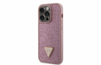 Guess Rhinestones Triangle Metal Logo Kryt pro iPhone 14 Pro růžový Guess Rhinestones Triangle Metal Logo ochranný kryt telefonu v kombinaci zadní strany pokryté drobnými kamínky a pružnými PU boky.