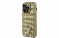 Guess Rhinestones Triangle Metal Logo Kryt pro iPhone 14 Pro zlatý Guess Rhinestones Triangle Metal Logo ochranný kryt telefonu v kombinaci zadní strany pokryté drobnými kamínky a pružnými PU boky.