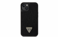 Guess Rhinestones Triangle Metal Logo Kryt pro iPhone 14 černý Guess Rhinestones Triangle Metal Logo ochranný kryt telefonu v kombinaci zadní strany pokryté drobnými kamínky a pružnými PU boky.