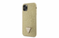 Guess Rhinestones Triangle Metal Logo Kryt pro iPhone 11 Pro zlatý Guess Rhinestones Triangle Metal Logo ochranný kryt telefonu v kombinaci zadní strany pokryté drobnými kamínky a pružnými PU boky.