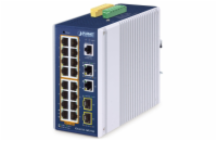 Planet IGS-4215-16P2T2S průmyslový L2 switch, 18x 1Gb, 2x1Gb SFP, 16x PoE 802.3at 320W, 48~54VDC, IP30