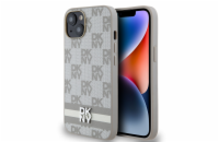 DKNY PU Leather Checkered Pattern and Stripe Zadní Kryt pro iPhone 14 Beige