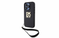 DKNY PU Leather Stack Logo Wrist Strap Zadní Kryt pro iPhone 14 Pro Black