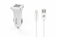 DeTech Nabíječka do auta 5V/2.4A - 2xUSB s kabelem iOS Cestovní nabíjecí adaptér do auta. 2x USB port. Vhodný pro nabíjení všech Apple mobilních zařízení. Výstupní napětí 5V / 2.4A.